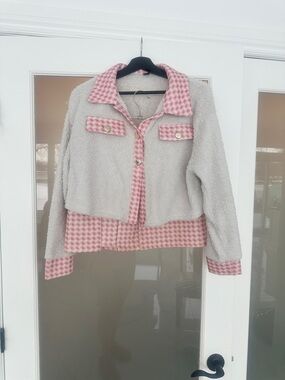 SHEIN Cream Teddy Jacket with Pink Houndstooth Skirt Set